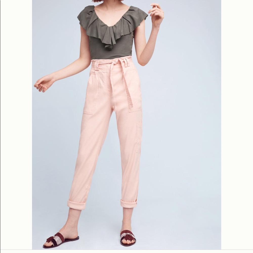 Anthropologie Blush Pink Straight-Leg Paperbag Waist Pants
